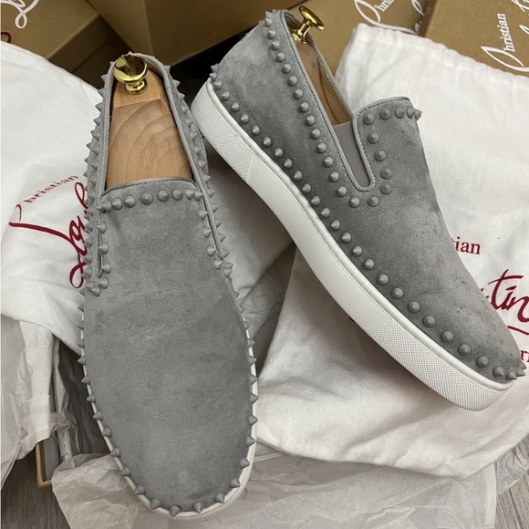 Christian Louboutin Grey Suede Spike Sneakers - Picture 1 of 5